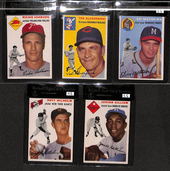 Lot of 5 - 1954 Topps Richie Ashburn #45, Ted Kluszewski #7, Ed Mathews #30,  Junior Gilliam #35, & Hoyt Wilhelm #36-BVG 6.5/ 6.5/ 5.5/ 5.5/ 4.5. 